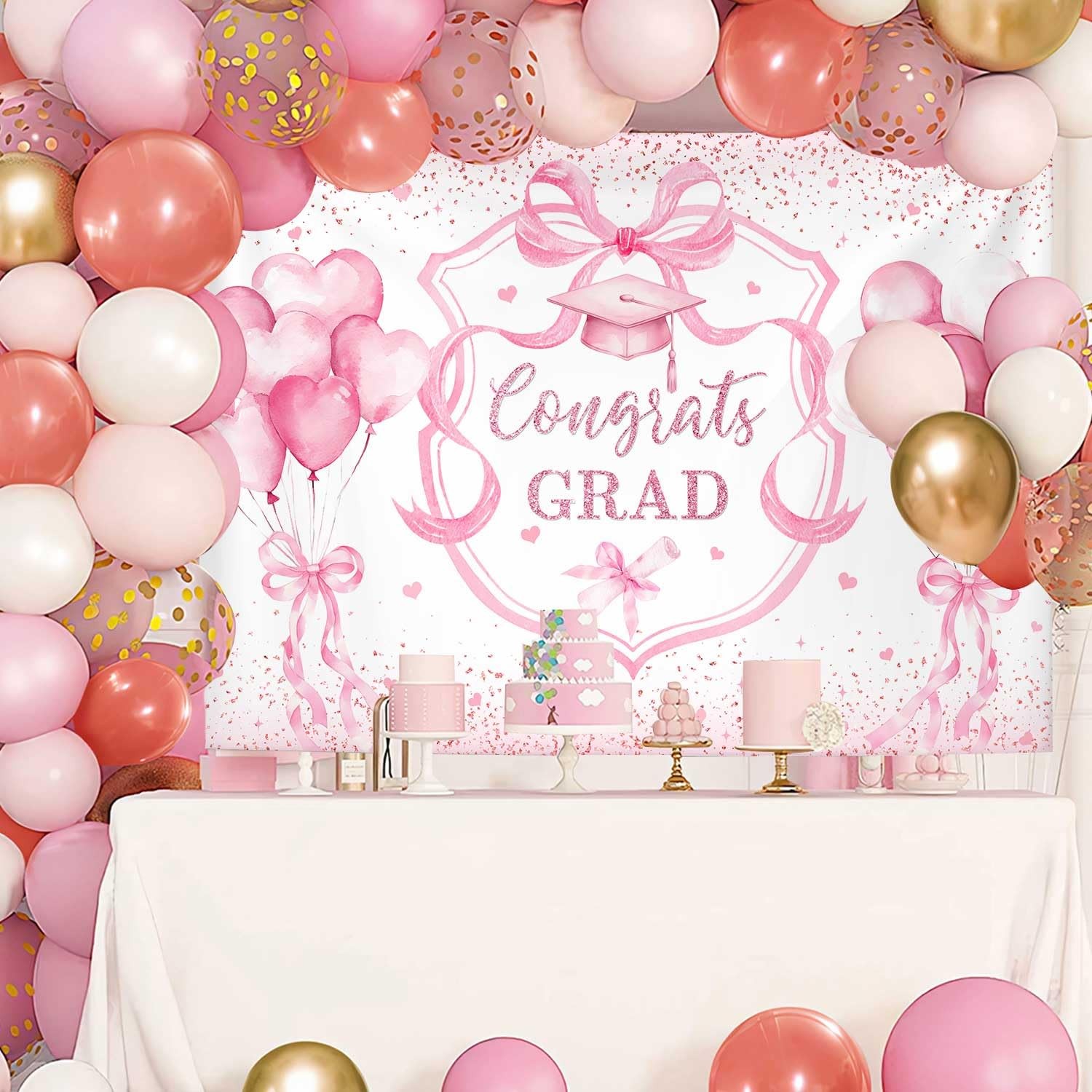 Coquette Congrats Grad Backdrop Pink Bow 2026 Graduation Photography Background
