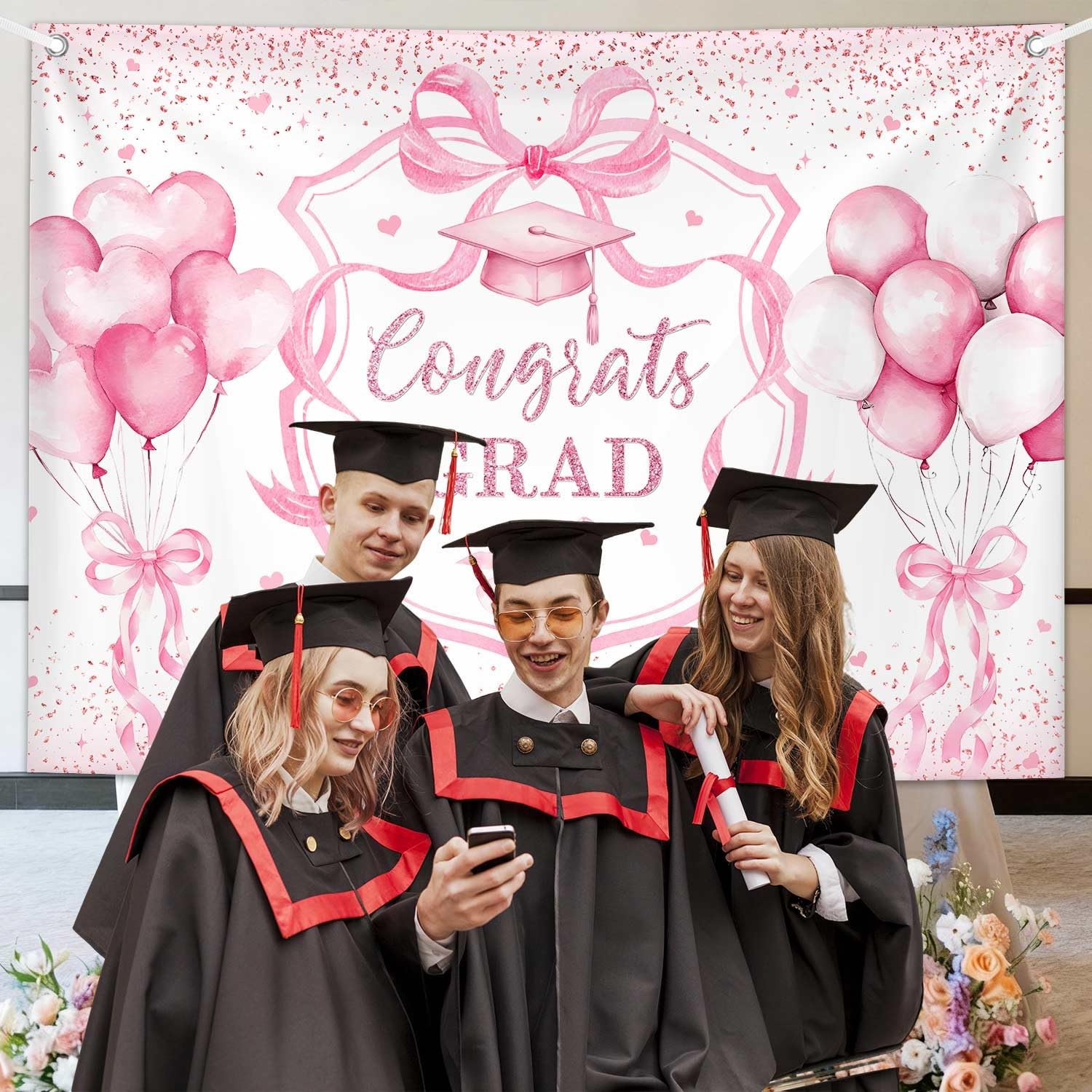Coquette Congrats Grad Backdrop Pink Bow 2026 Graduation Photography Background