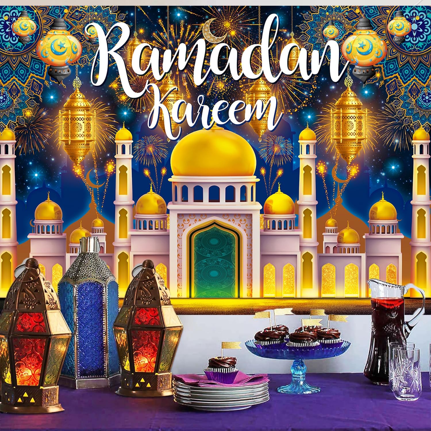Ramadan Kareem Backdrop 7x5FT（210x150cm）, Multicolor (Blue, Gold, Yellow)