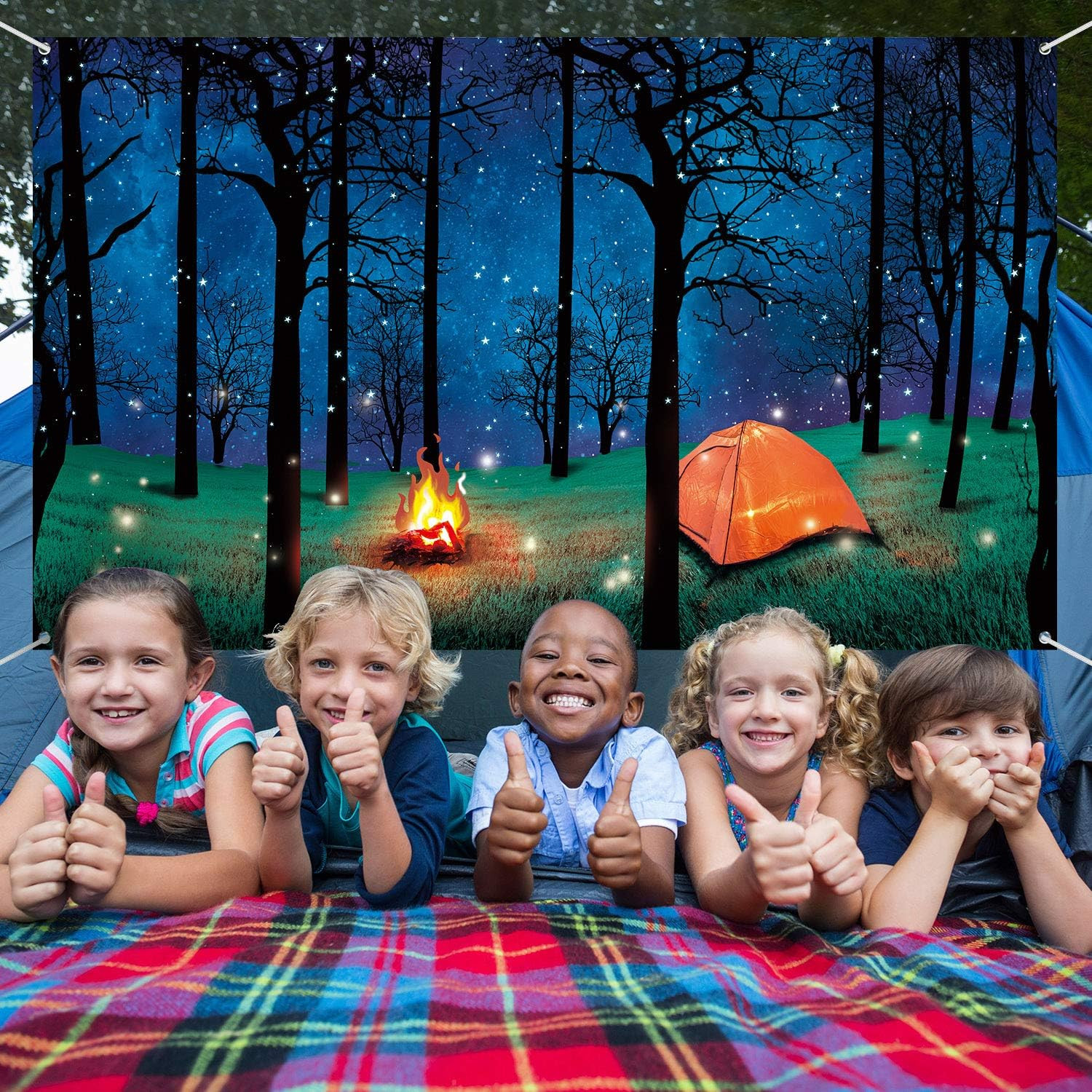 Forest Camping Backdrop 6.1 x3.6ft Campfire Tent Forest Scene Photo Party Banner