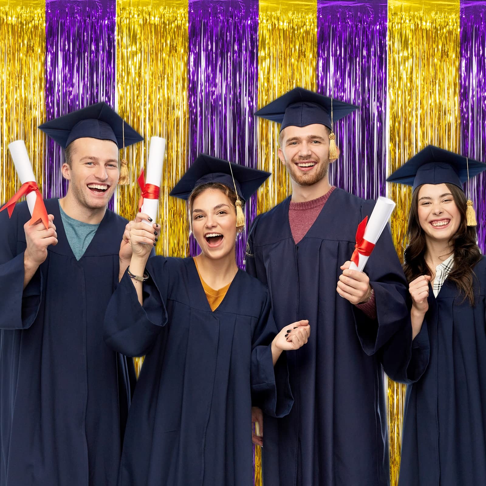 Graduation Party Decoration, 2 Pack Purple Gold Foil Fringe Curtain