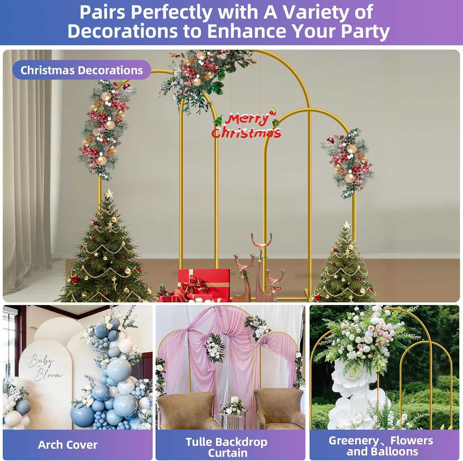 Metal Arch Backdrop Stand Set of 3, 6ft, 6.6ft, 7.2ft Wedding Arch Frame for Bac