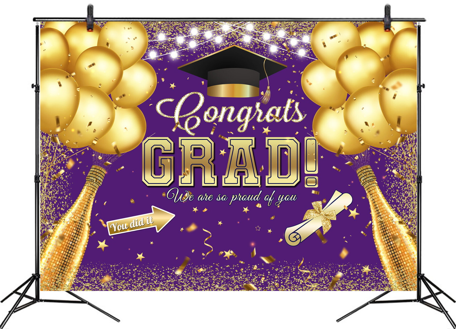 10x8ft Gold Balloon Graduation Party on Purple Photo Background Studio Props