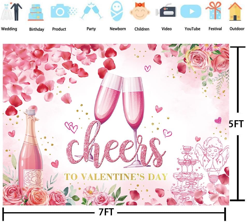 7x5FT 210x150cm Valentines Day Backdrop Pink Flower Love Heart Glitter Dots