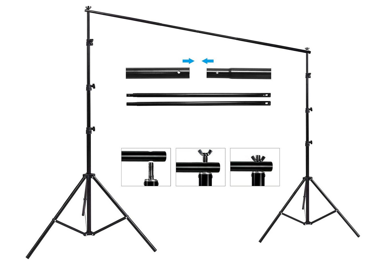 Photo Background Stand Kit 8.5’x10′ Muslin White & Black Backdroops 4 Clamps Bag