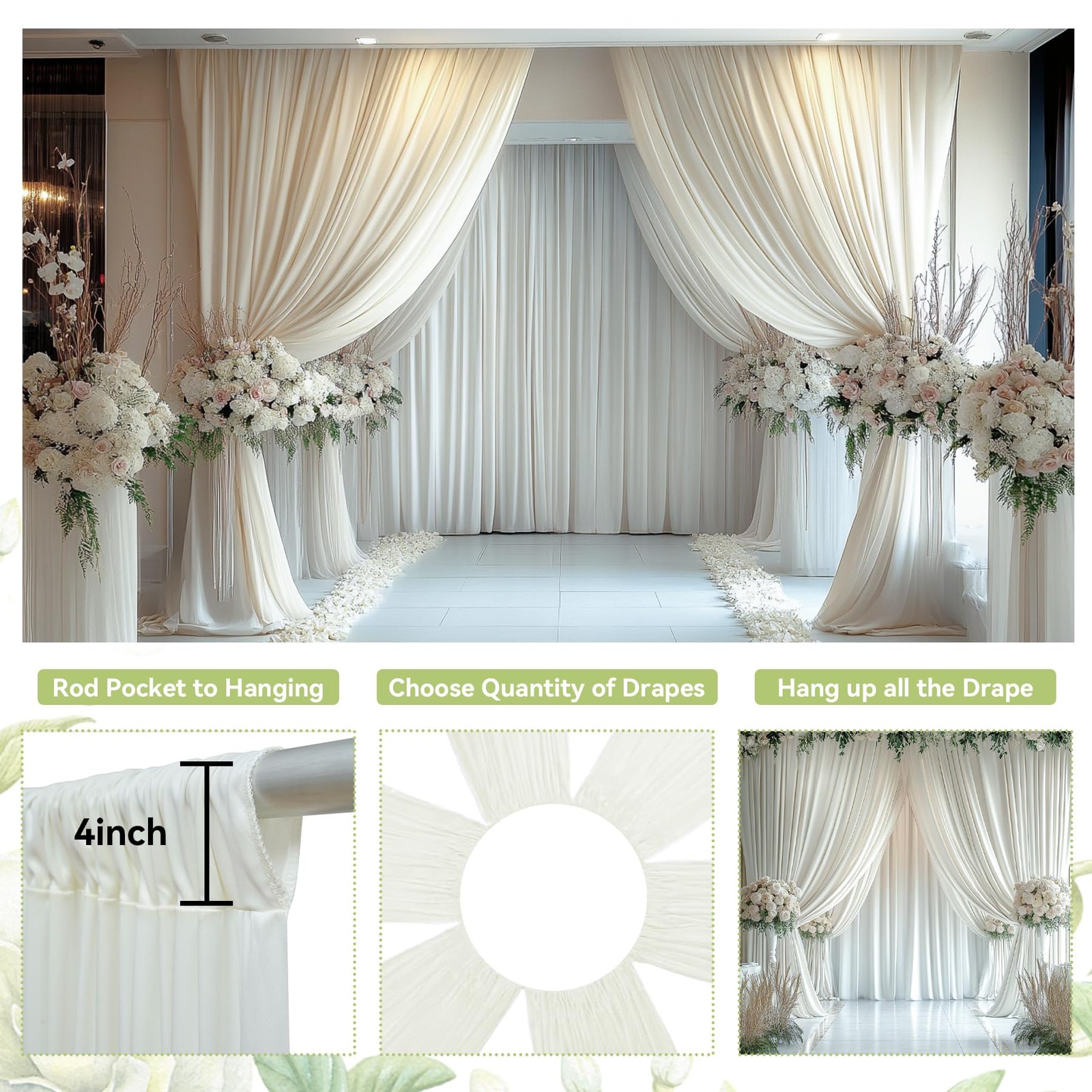 2 PCS 10x15FT Ivory Backdrop Curtain Wrinkle Free Polyester Photography Drape
