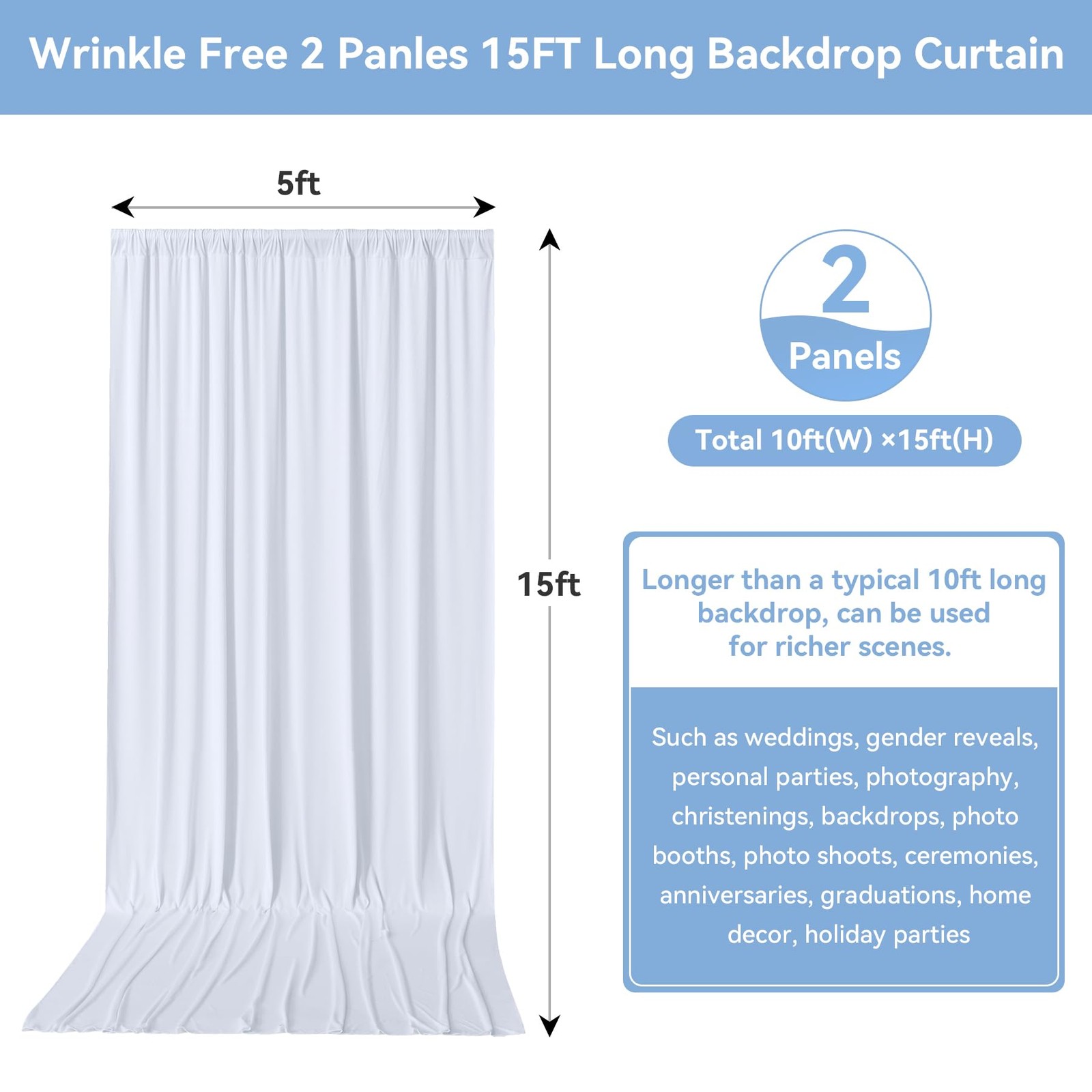 2 Panels 15ft H x 5ft W White Backdrop Curtains, Wrinkle Free, Wedding Decor