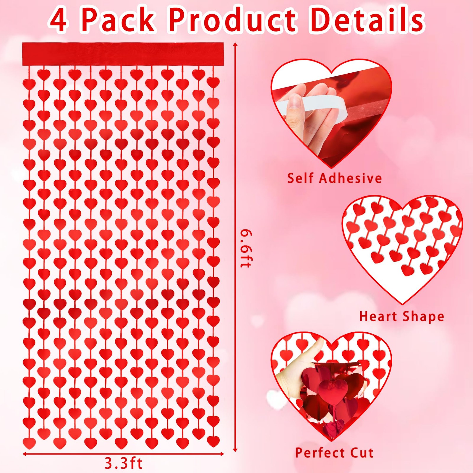 Valentines Day Decorations, 4 Pack Valentines Day Backdrop Garland, Red Heart Fo