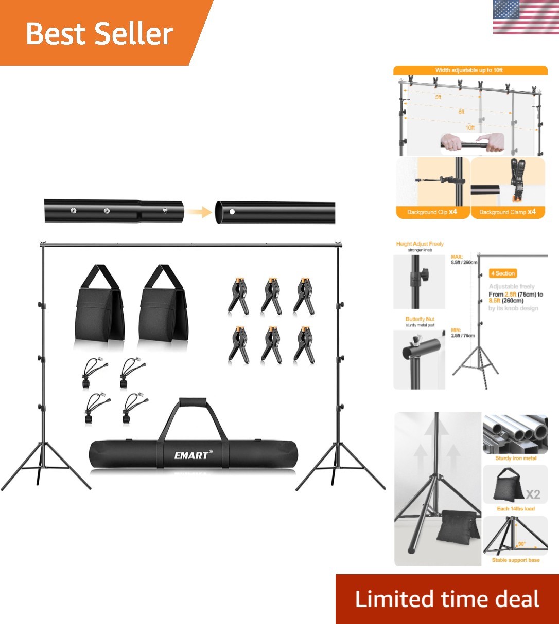 Photo Backdrop Stand kit, 8.5 x 10 ft Back Drop Adjustable Frame for Photogra…