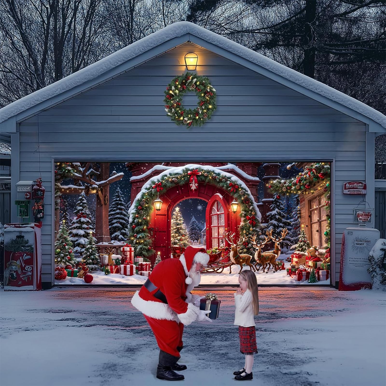 Winter Forest Garage Door Cover 7x16ft Holiday Decorations for Outdoor Parties