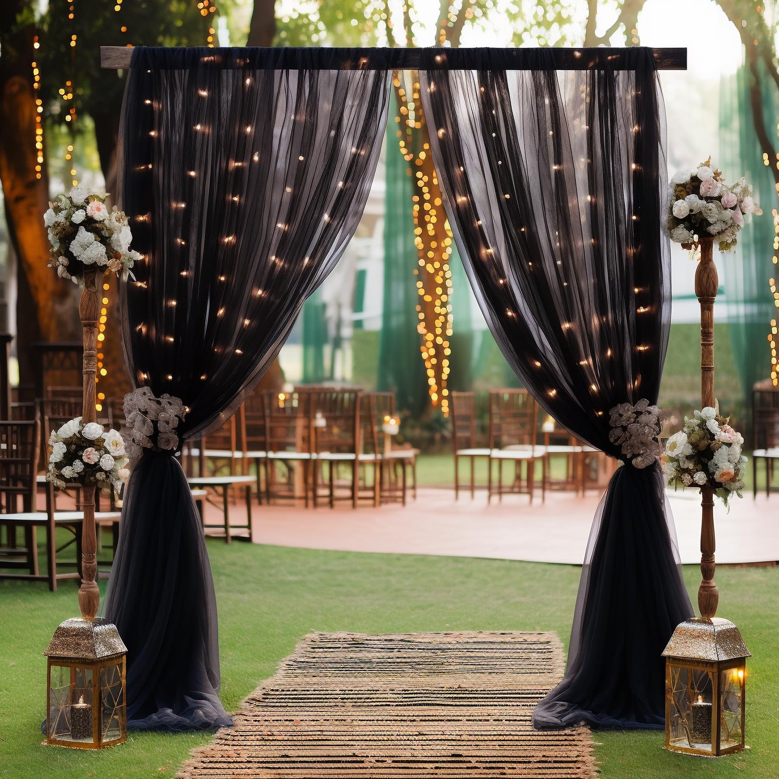 10x8ft Black Tulle Curtain Backdrop Lights String Sheer Photo Booth Drapes