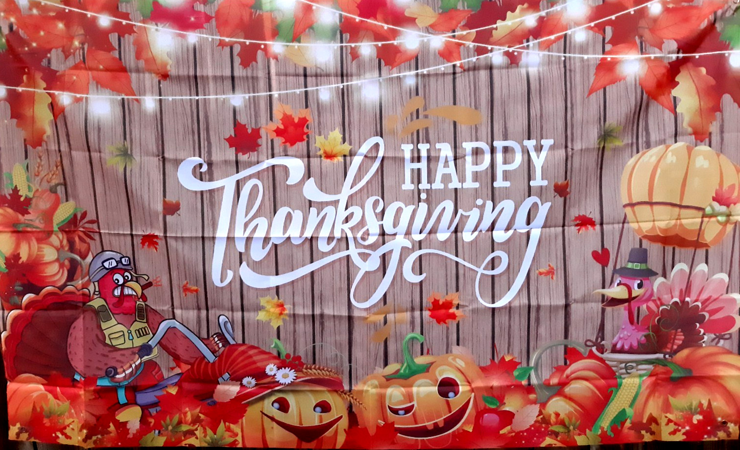 3.5 ft x 7 ft HAPPY THANKSGIVING Funny Turkey, Barnwood Lights Backdrop Banner