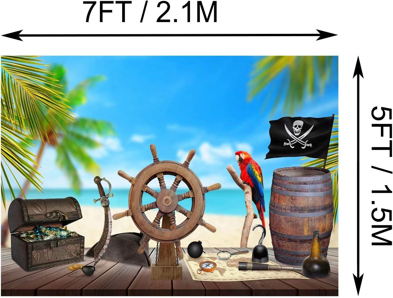 7x5ft Fabric Pirate Backdrop for Photography Beach Pirate Ship Wooden Rudder Tre