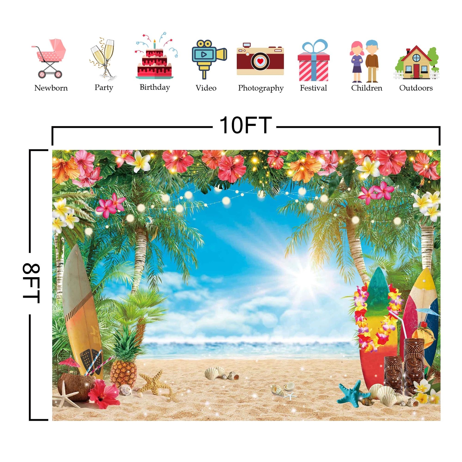 10x8FT Polyester Fabric Summer Beach Hawaiian Backdrop Seaside Tropical Flowe…