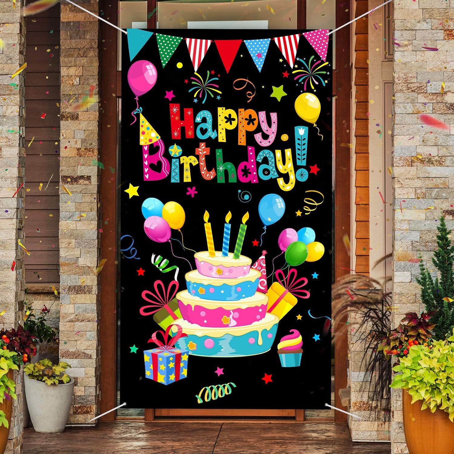 Tatuo Colorful Happy Birthday Banner Door Cover Large, White