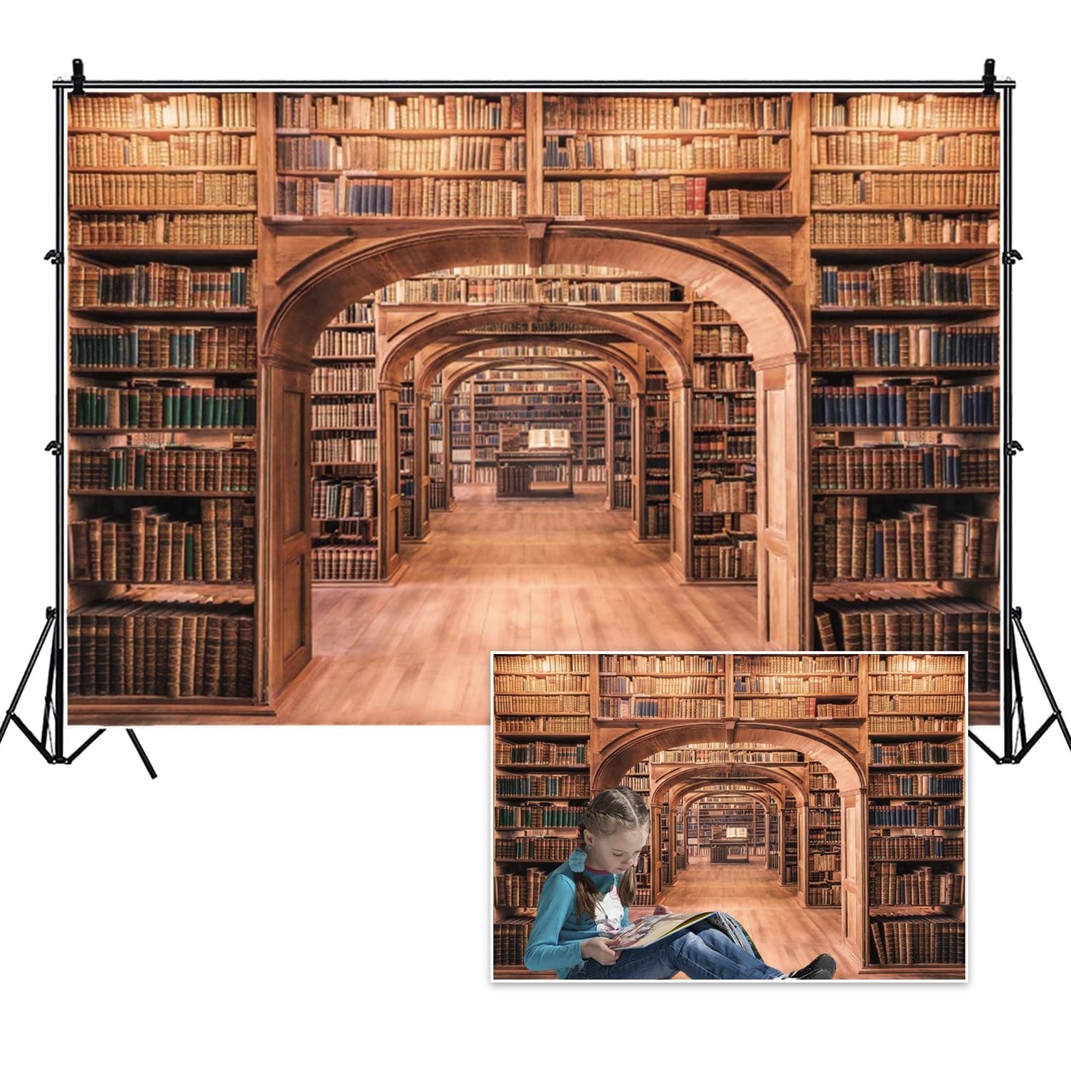 8x6ft Vintage Bookshelf Backdrop – Antique Bookcase Photography Background for E