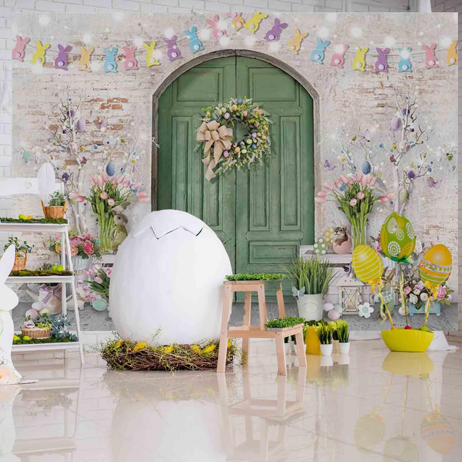 Mocsicka Easter Backdrop Green Wooden Doors Brick 7x5ft (82×60 inch),