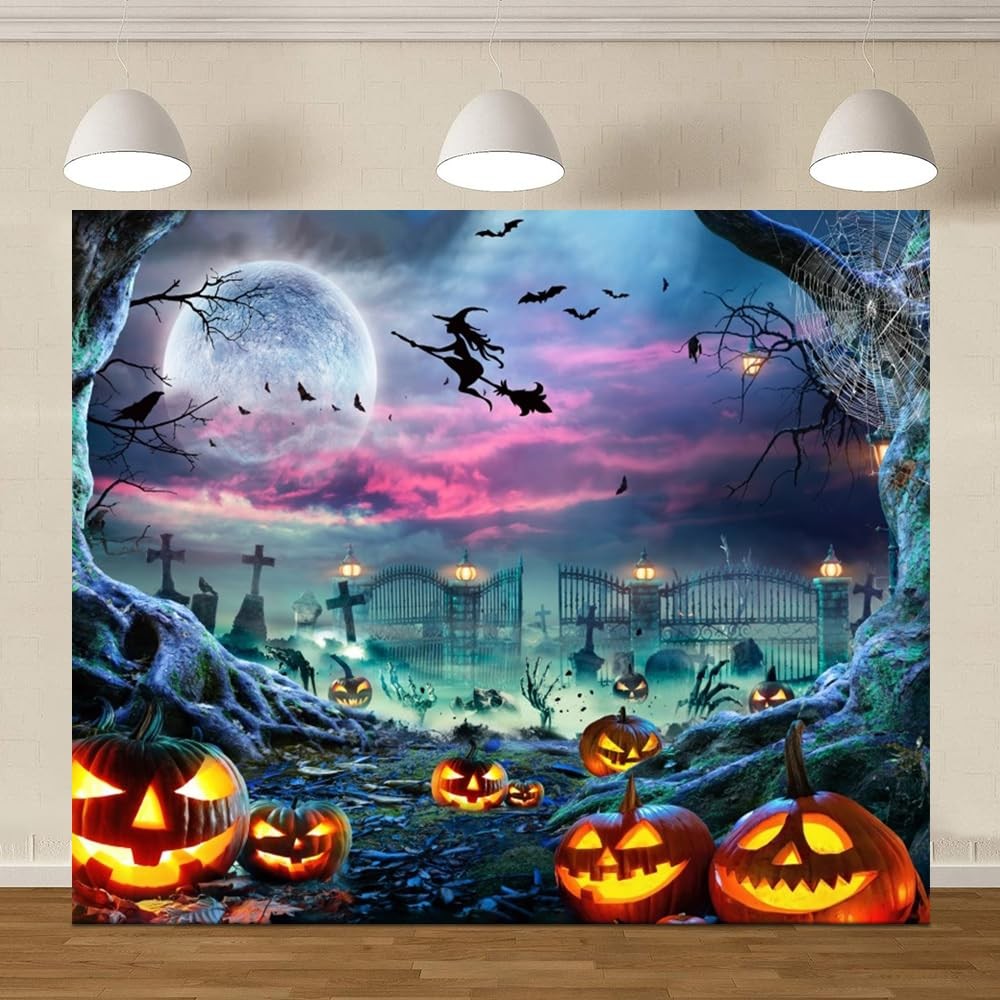 Halloween Backdrop Background 10x8ft Scary Full Moon Pumpkin Cemetery Hallowe…