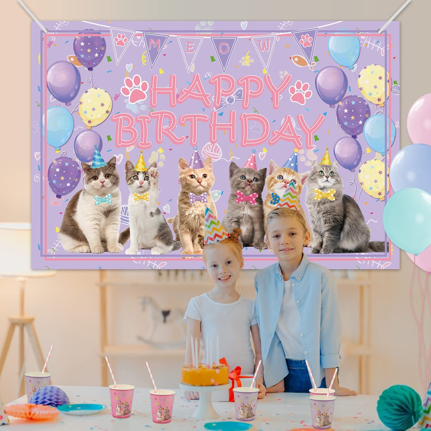 Cat Party Decoration Supplies – Happy Birthday 72 x 47 inches, Pink