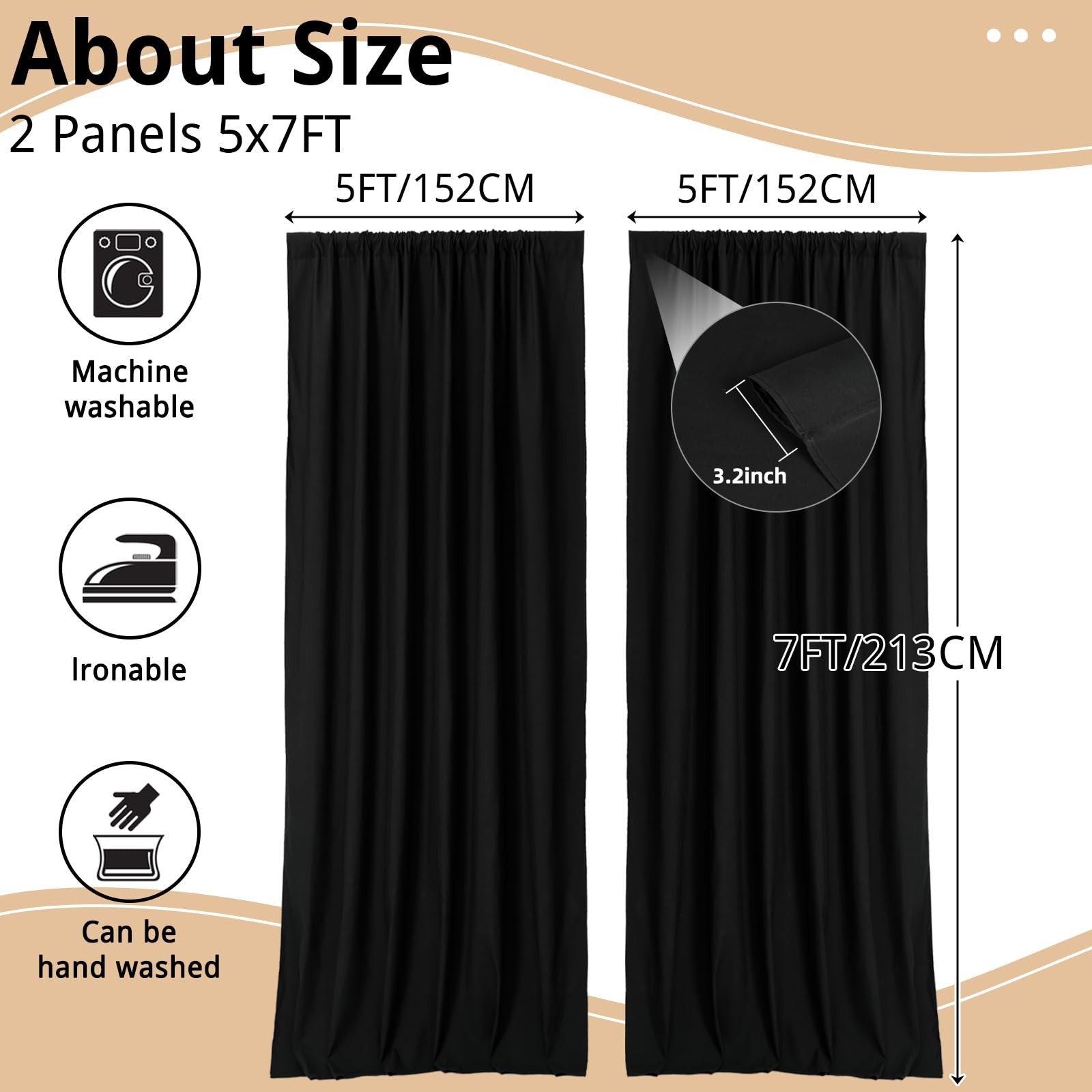 2 Panels 5x7FT Black Photo Backdrop Curtains Wrinkle Resistant Drapes Party