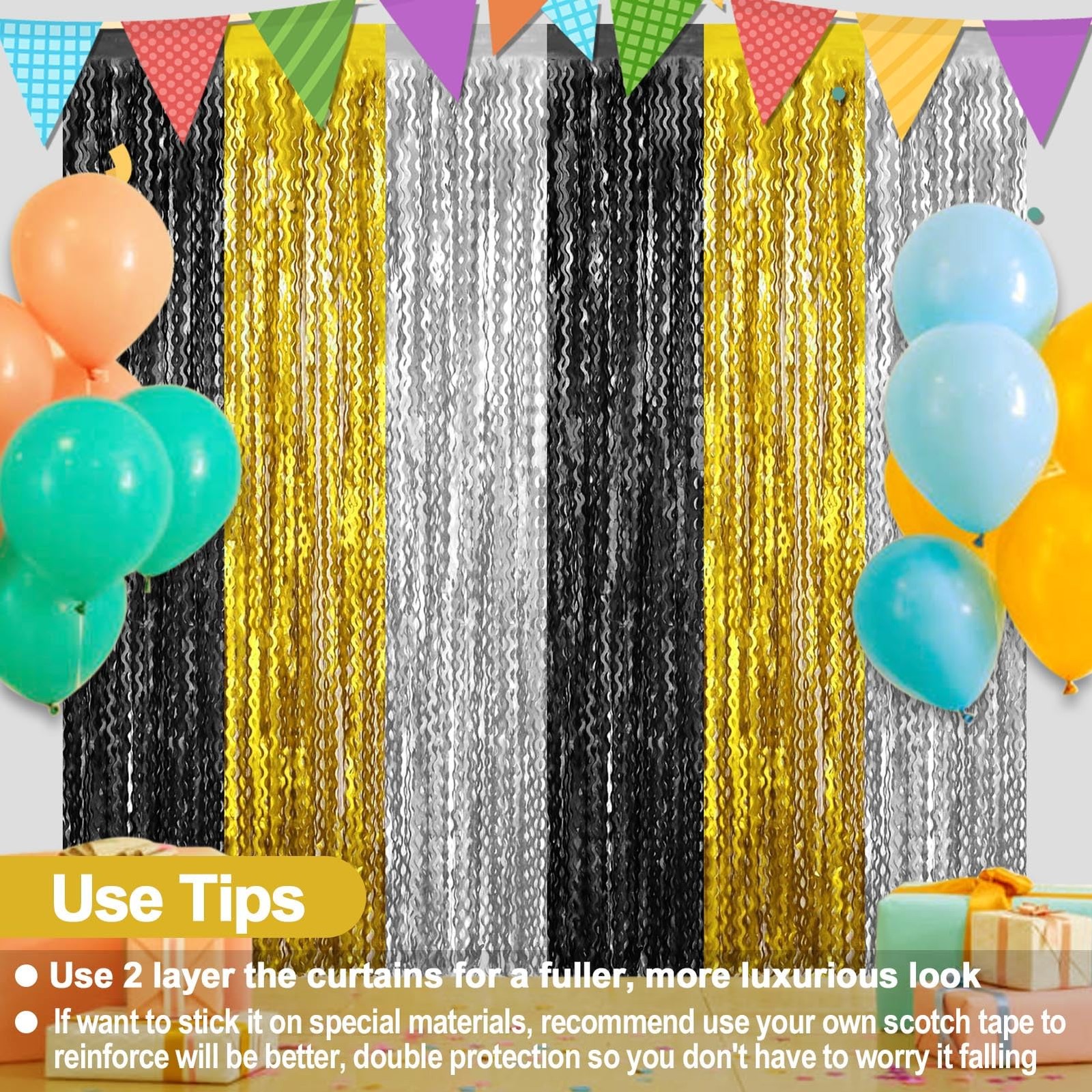 Black Gold Silver Fringe Curtain Backdrop Metallic Tinsel 3.2×8.2FT 4 PCS
