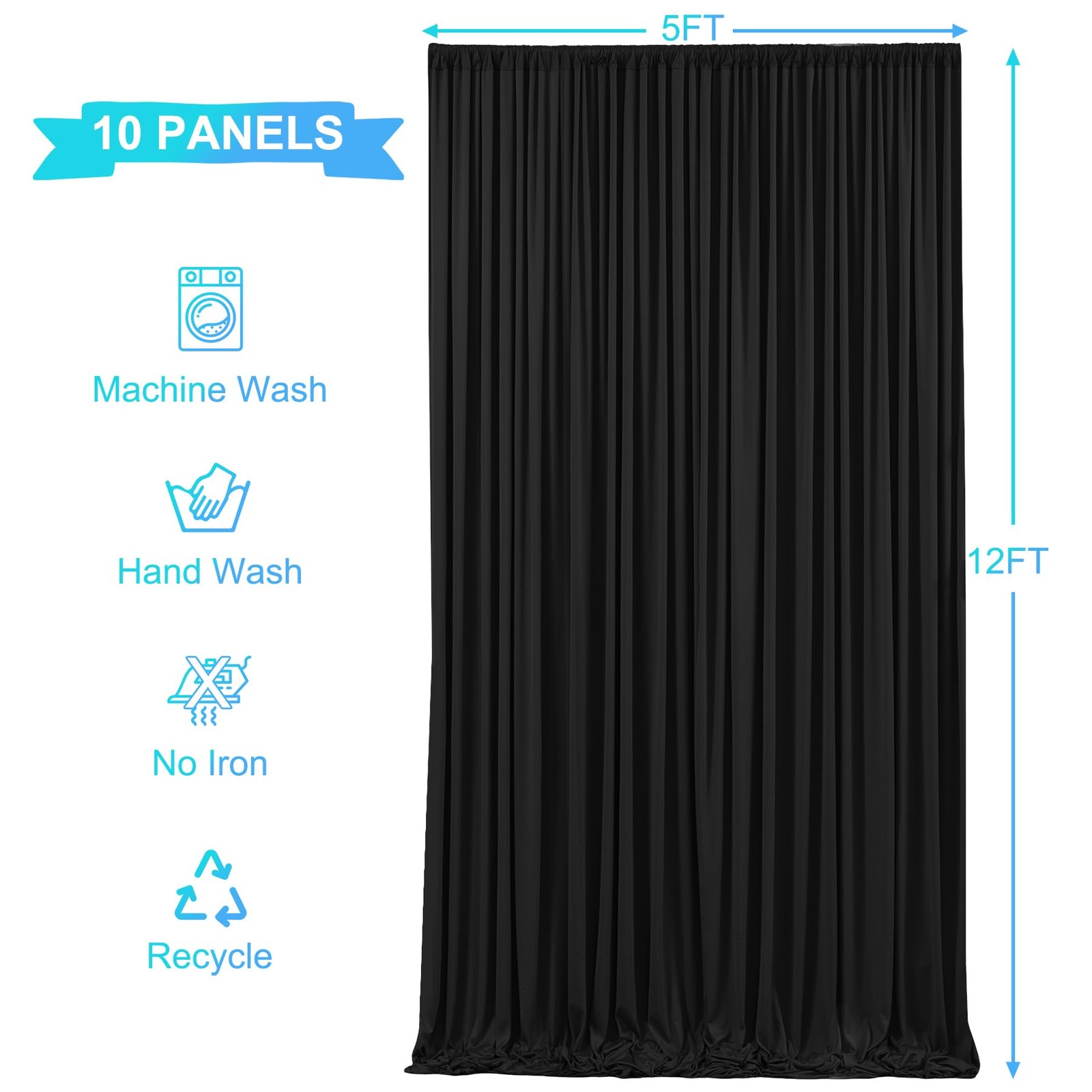 10 Panels Black Backdrop Curtains for 5′(W) x 12′(H), 10 panels,