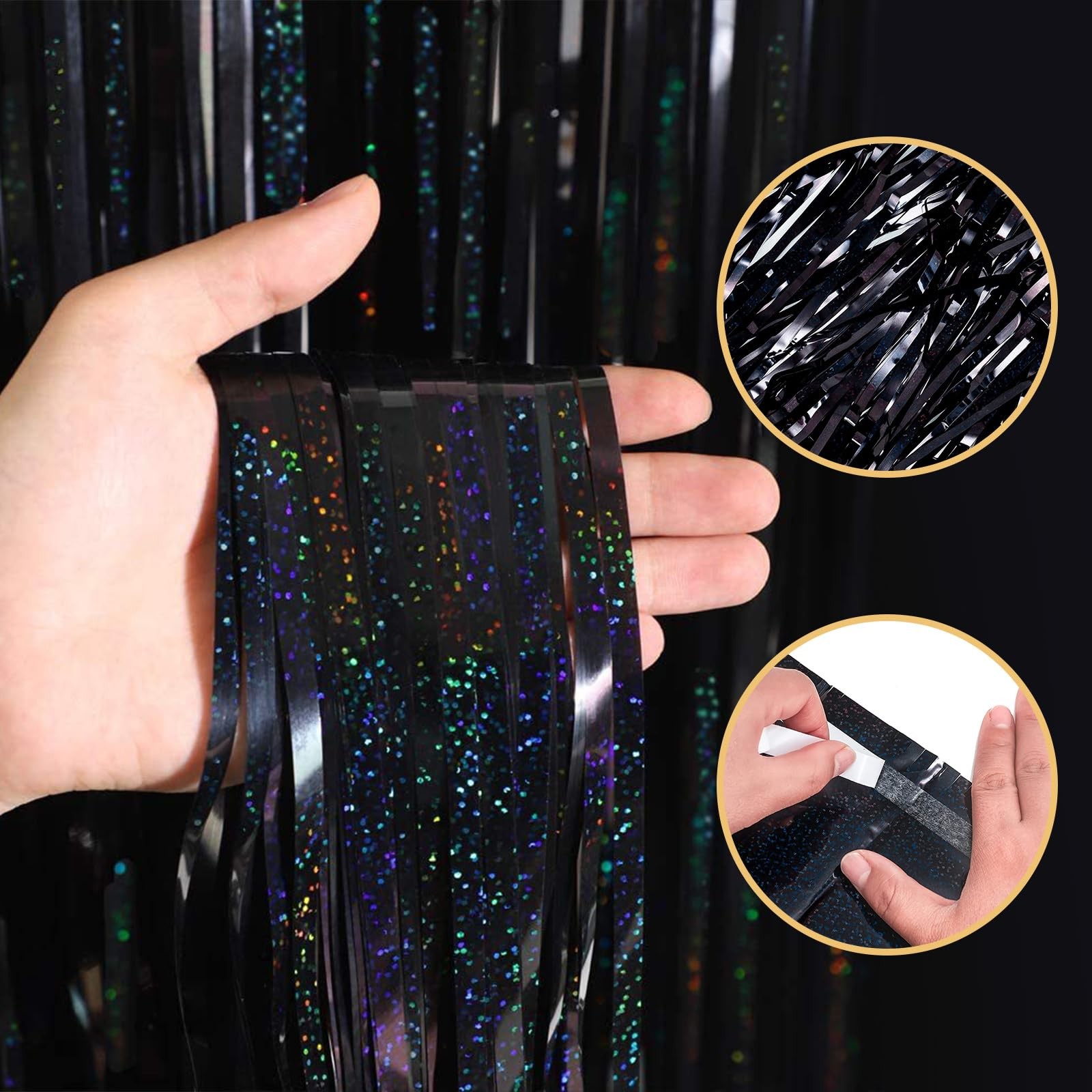 10 PCS Black 3.2×6.6ft Foil Curtain Backdrop Metallic Tinsel Fringe Streamer