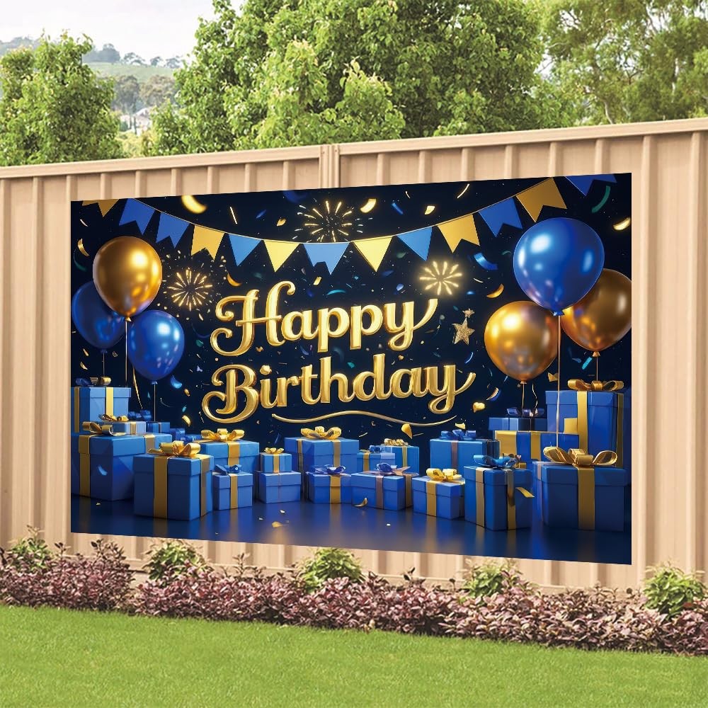 Blue Gold Happy Birthday Backdrop Banner 70.8 x 47.2 Inch,