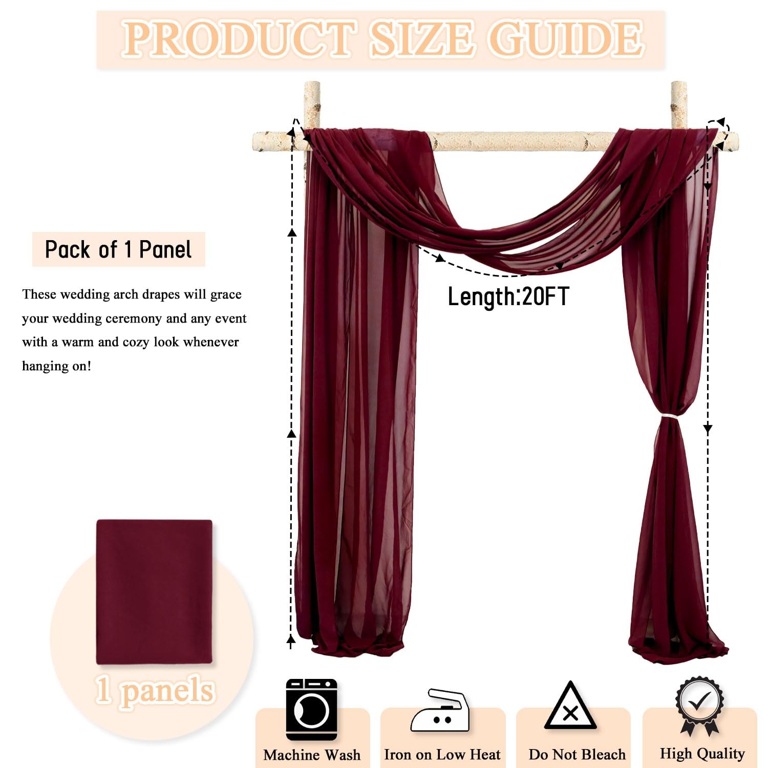 20FT Burgundy Draping Fabric for Wedding 1-Panel Chiffon Sheer Arch Drapes