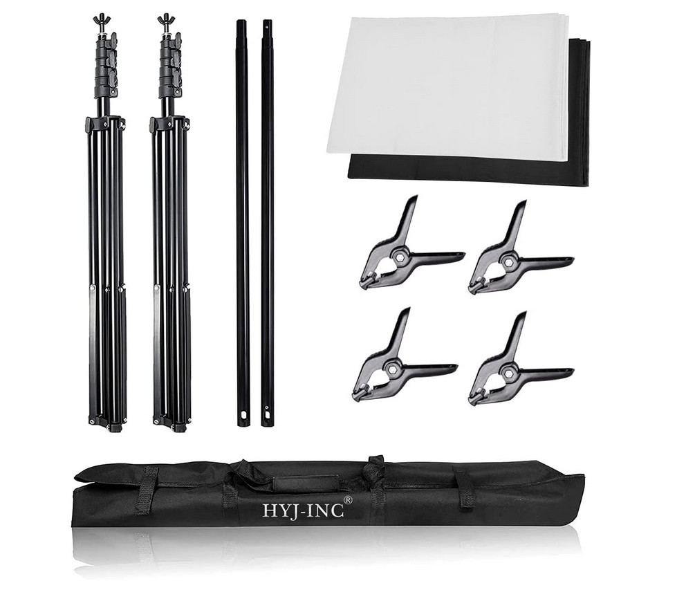 Photo Background Stand Kit 8.5’x10′ Muslin White & Black Backdroops 4 Clamps Bag