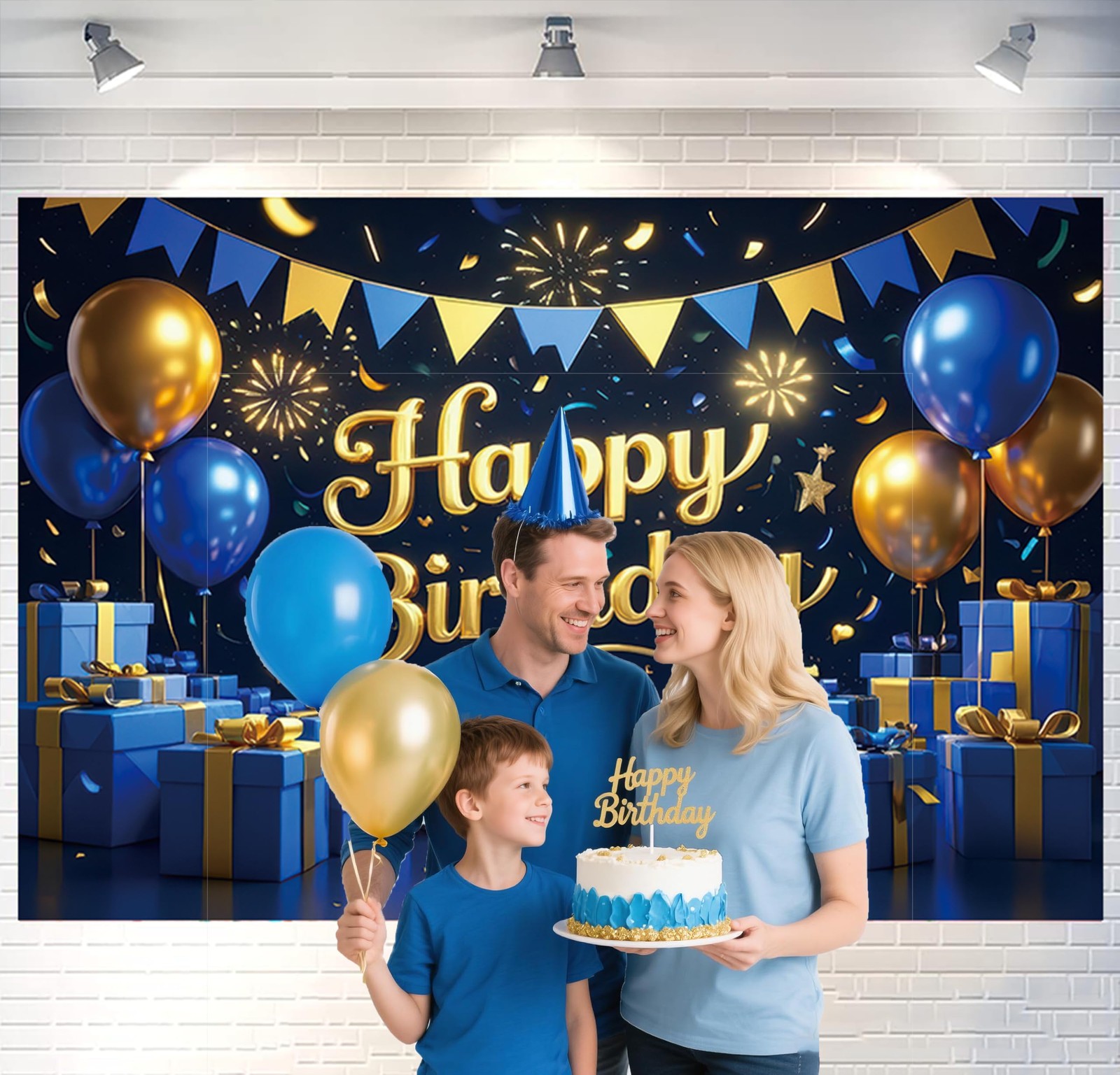 Blue Gold Happy Birthday Backdrop Banner Blue Gold Gift Boxes Photography Bac…