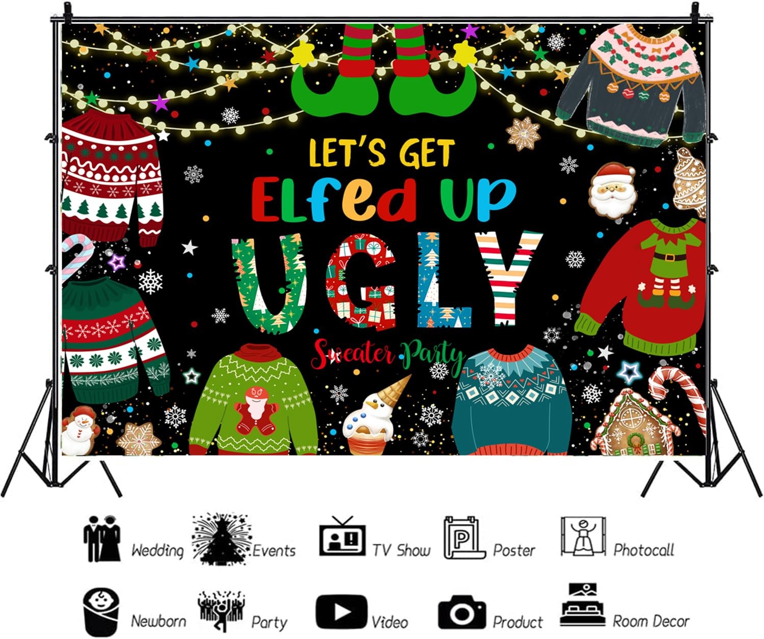 7×5 FT Ugly Sweater Christmas Party Backdrop Elfed Up Winter Holiday Prop