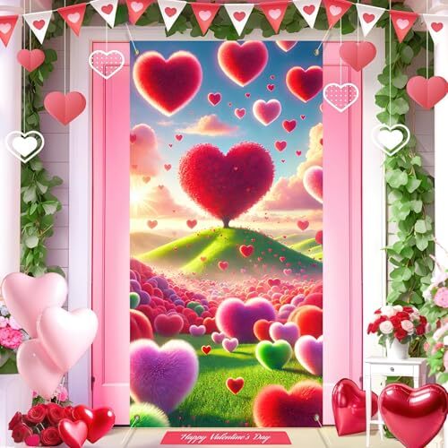 70×35 Backdrop Photo Background with Heart-Shaped Valentine’s Day Door Cover