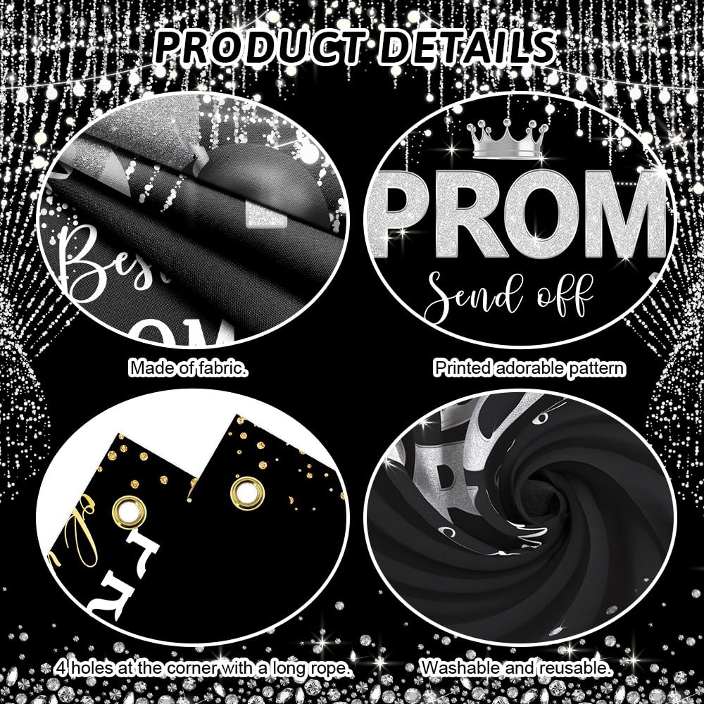 Prom 2026 Graduations Backdrop Congrats Grad Banner Black Silver Glitter Balloon