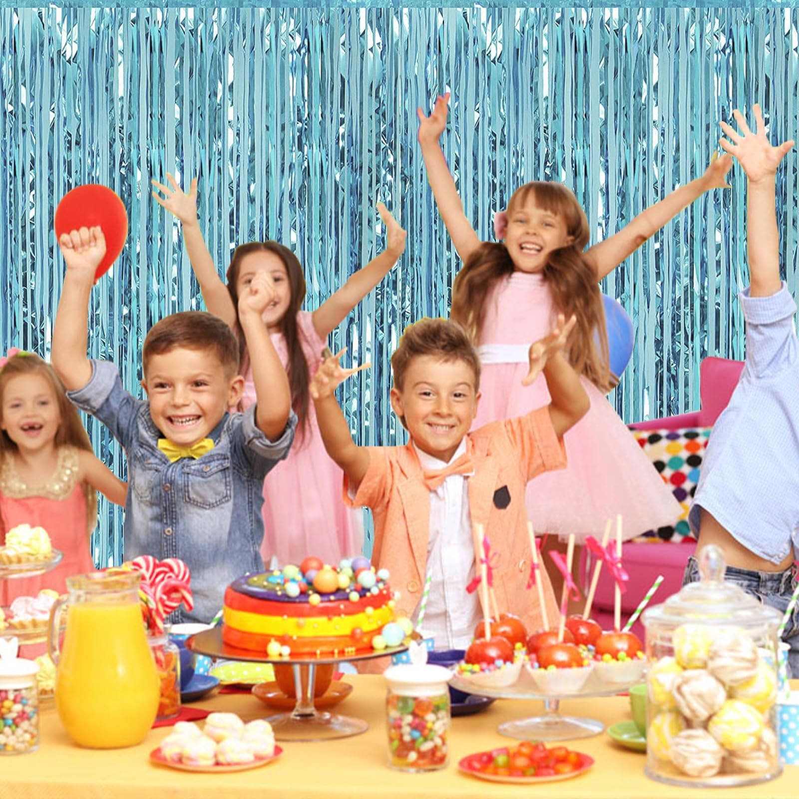 5 PCS Light Blue Foil Curtain Backdrop 3.2×9.8ft Metallic Tinsel Fringe