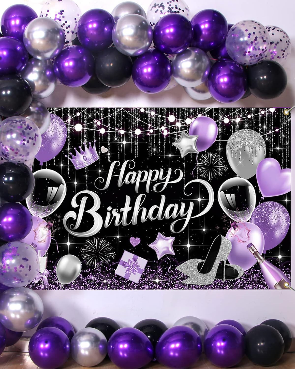 Purple Birthday Backdrop for Woman Glitter Sliver Purple Happy Birthday Party Ba