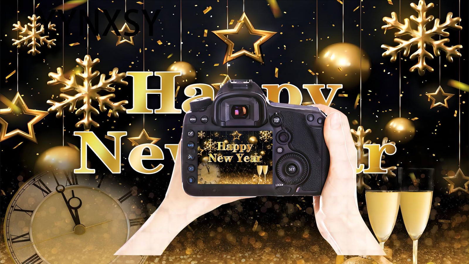 8x6FT Happy New Year Backdrop Black Gold NYE Party Photo Booth Prop YY11502
