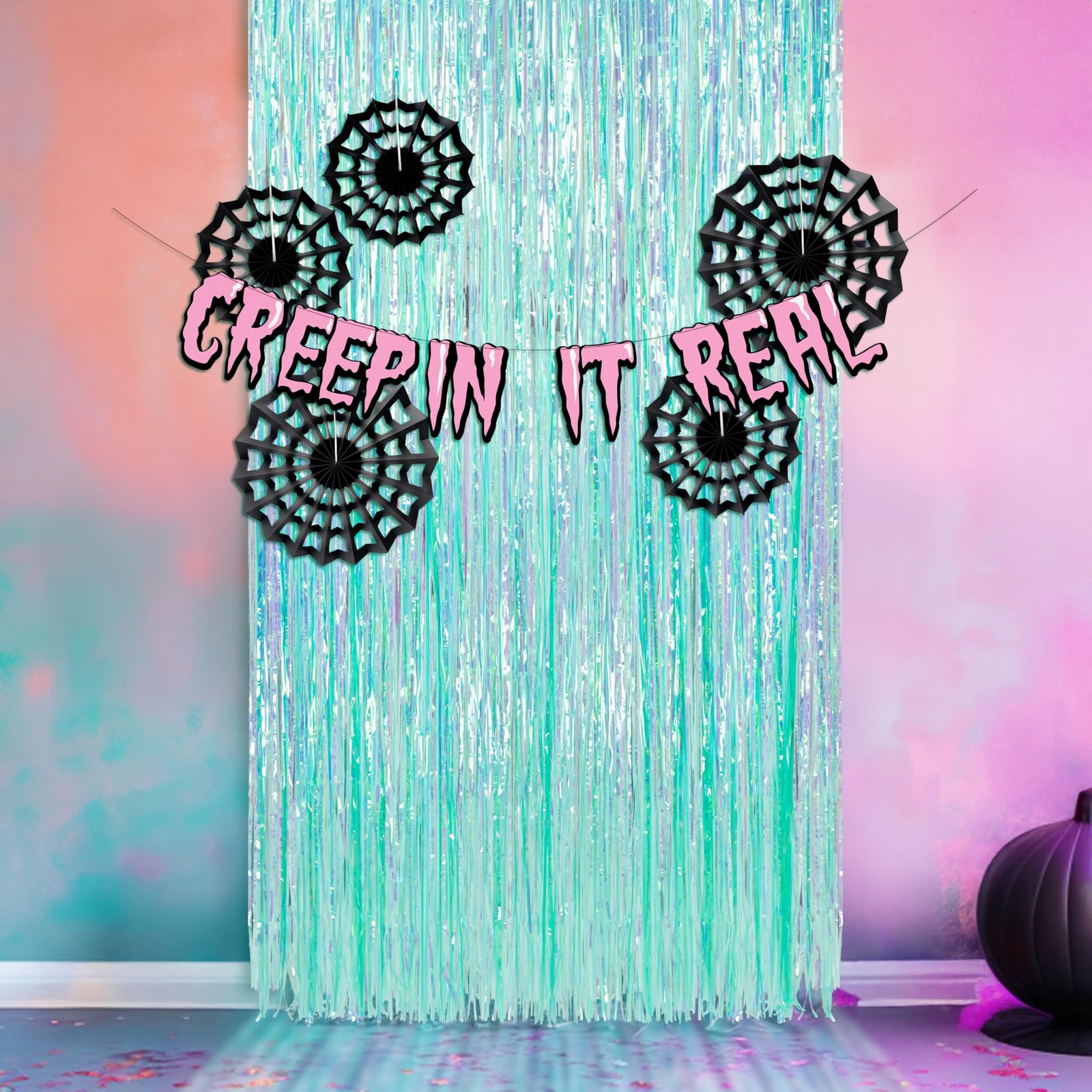 Cyan Summerween Spider Backdrop Banner Party Decorations Pastel Foil Hallowee…