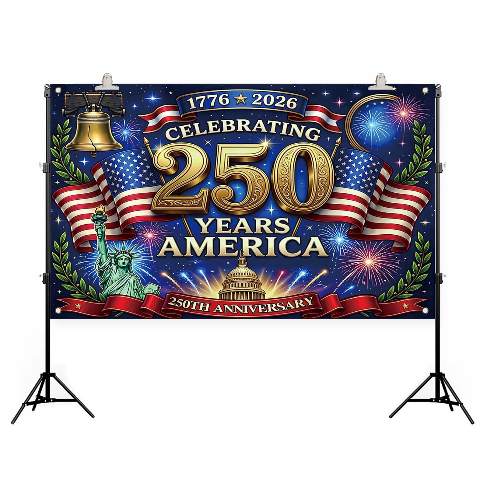 Large 250th Anniversary Flag Backdrop 1776-2026 4th of July Patriotic Banner