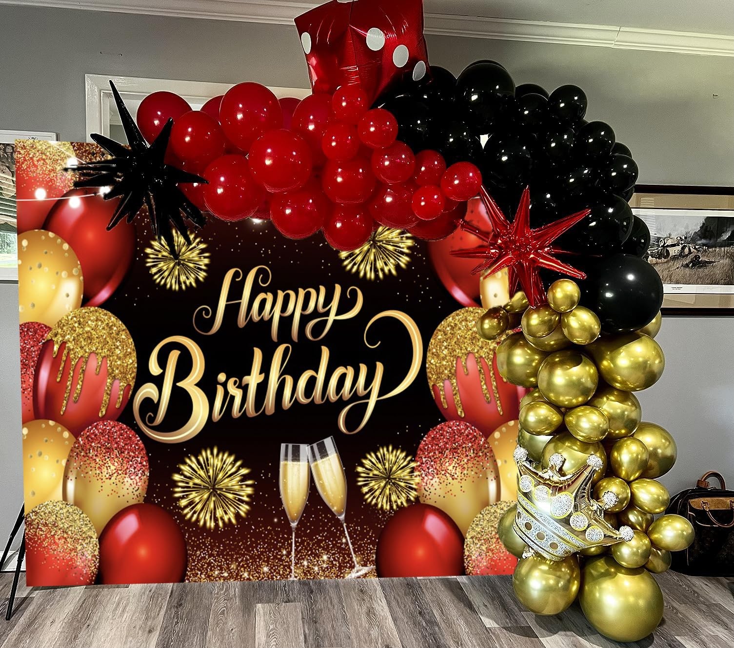 Red Gold Happy Birthday Backdrop 10x8ft Photography Background Women Party
