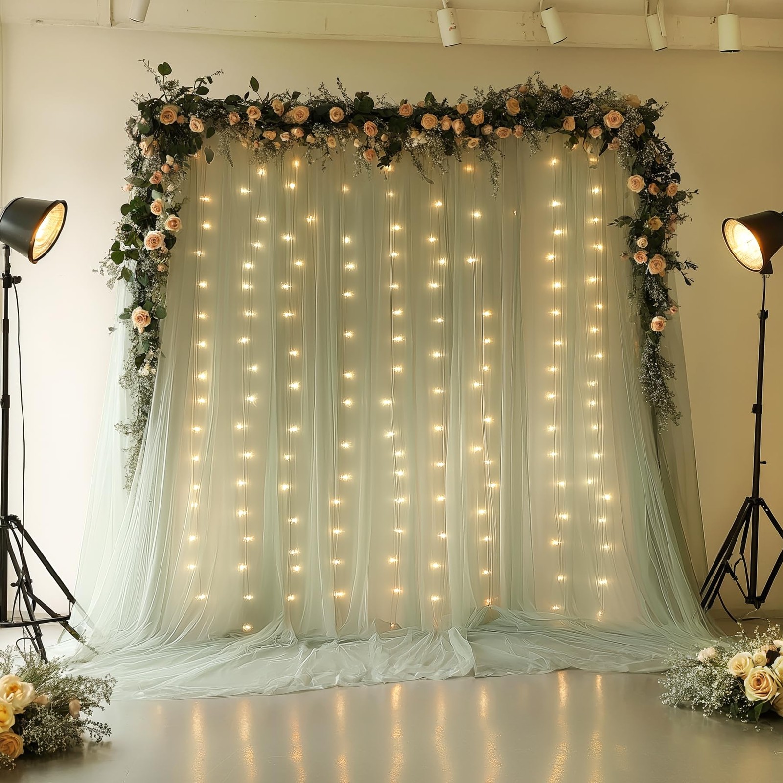 10×10 Ft Green Wrinkle Free Backdrop Curtain With Light String Wedding Party