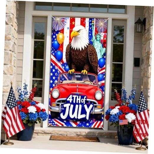 Patriotic Door Cover Decoration 71 x 35 in Holiday 4th of July Eagle Red Car