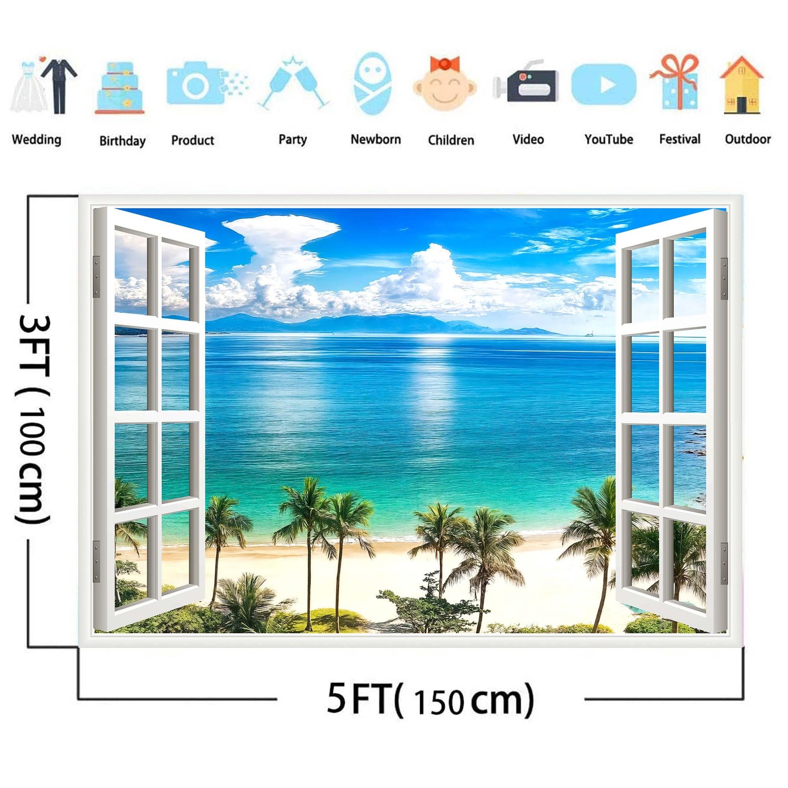 Summer Beach Window Backdrop Hawaii Tropical Island Palm Ocean 6×4 Ft Prop