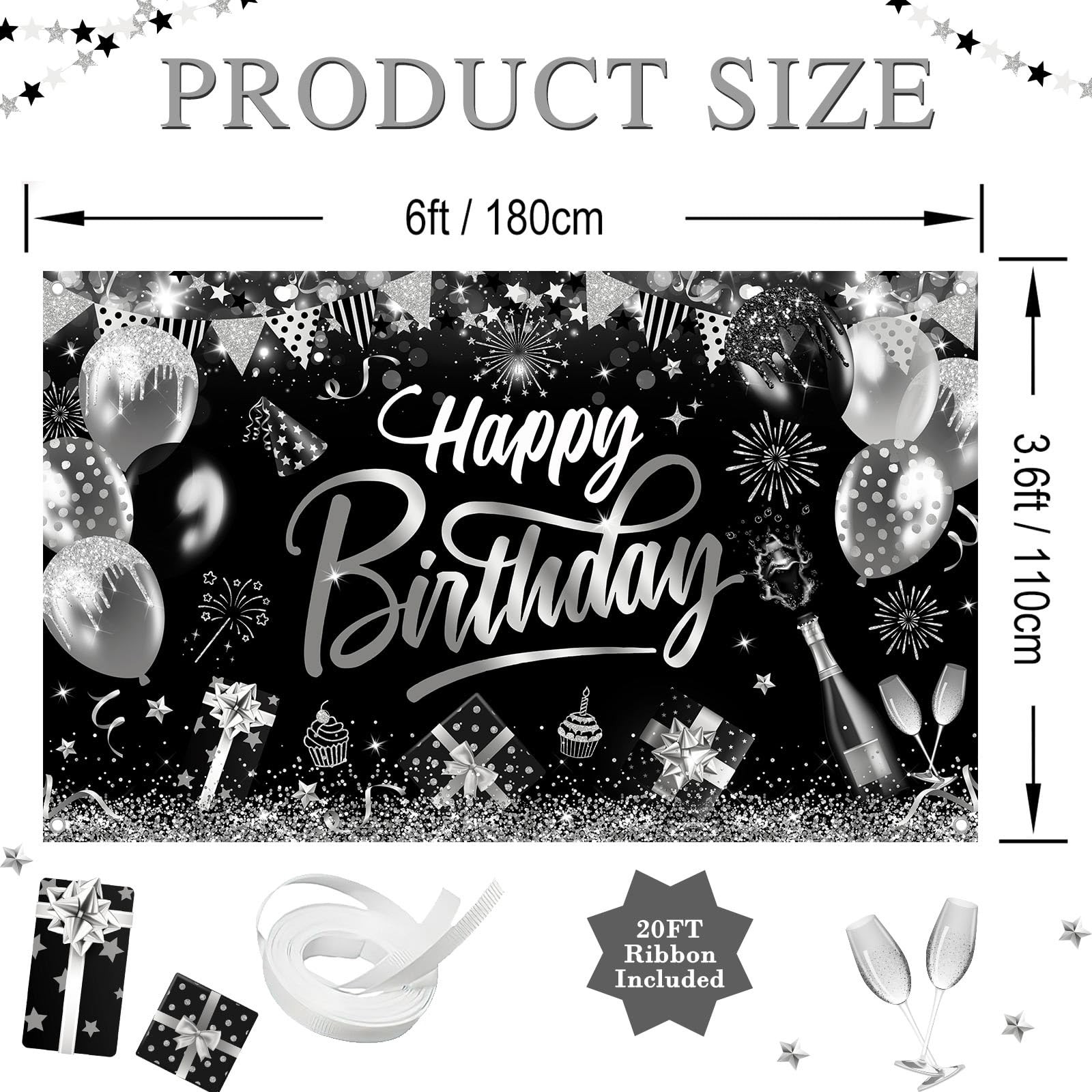 Black Silver Birthday Banner Birthday Decorations for Men Boys Silver Glitter…