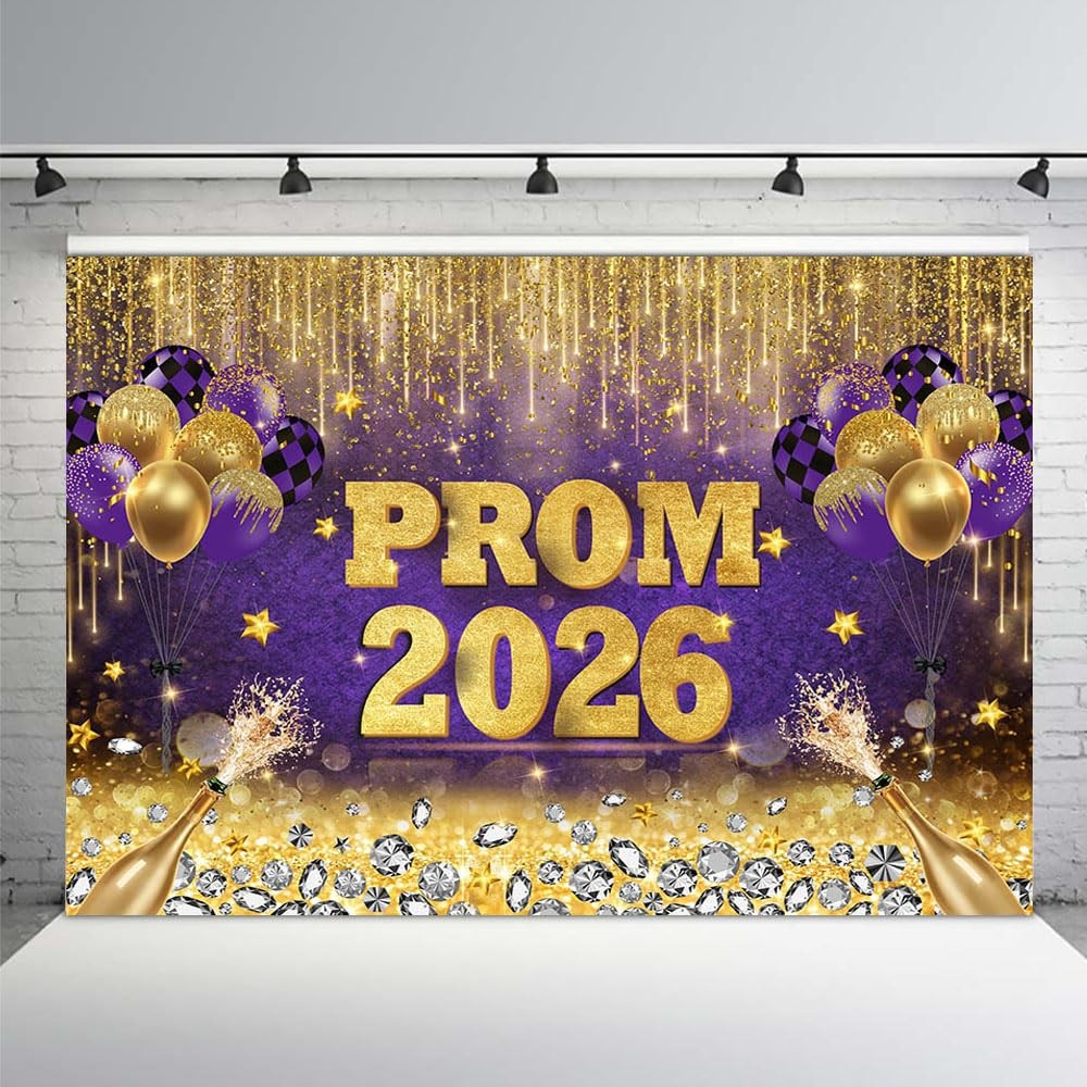 7x5ft Prom 2026 Congrats Grad Backdrop Purple Gold Glitter Graduation Photograph