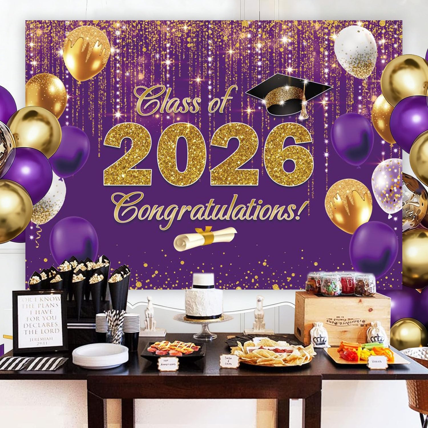 7x5ft Class of 2026 Party Backdrop, Purple and Gold Congrats Grad Backdrop Congr