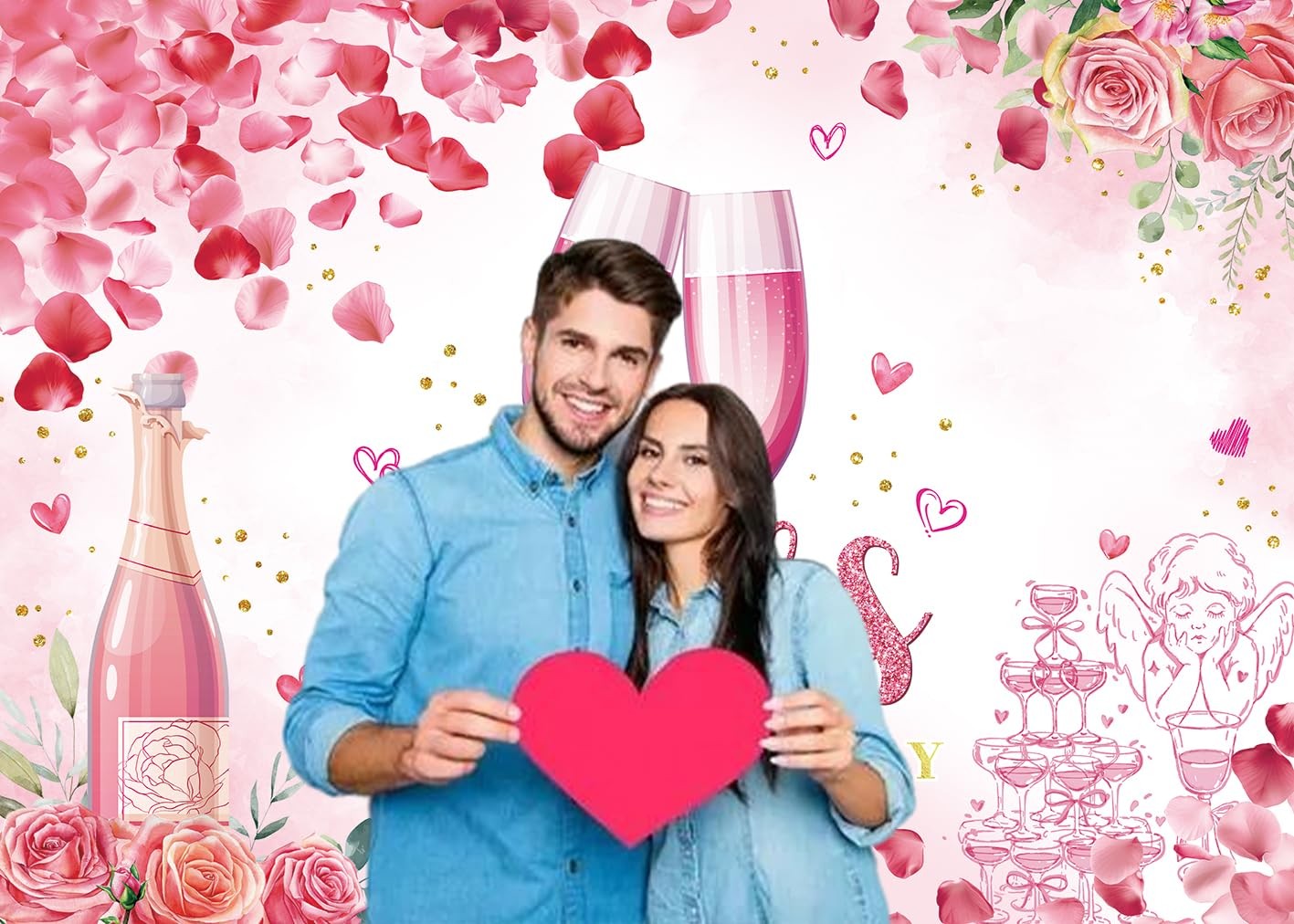 7x5FT 210x150cm Valentines Day Backdrop Pink Flower Love Heart Glitter Dots