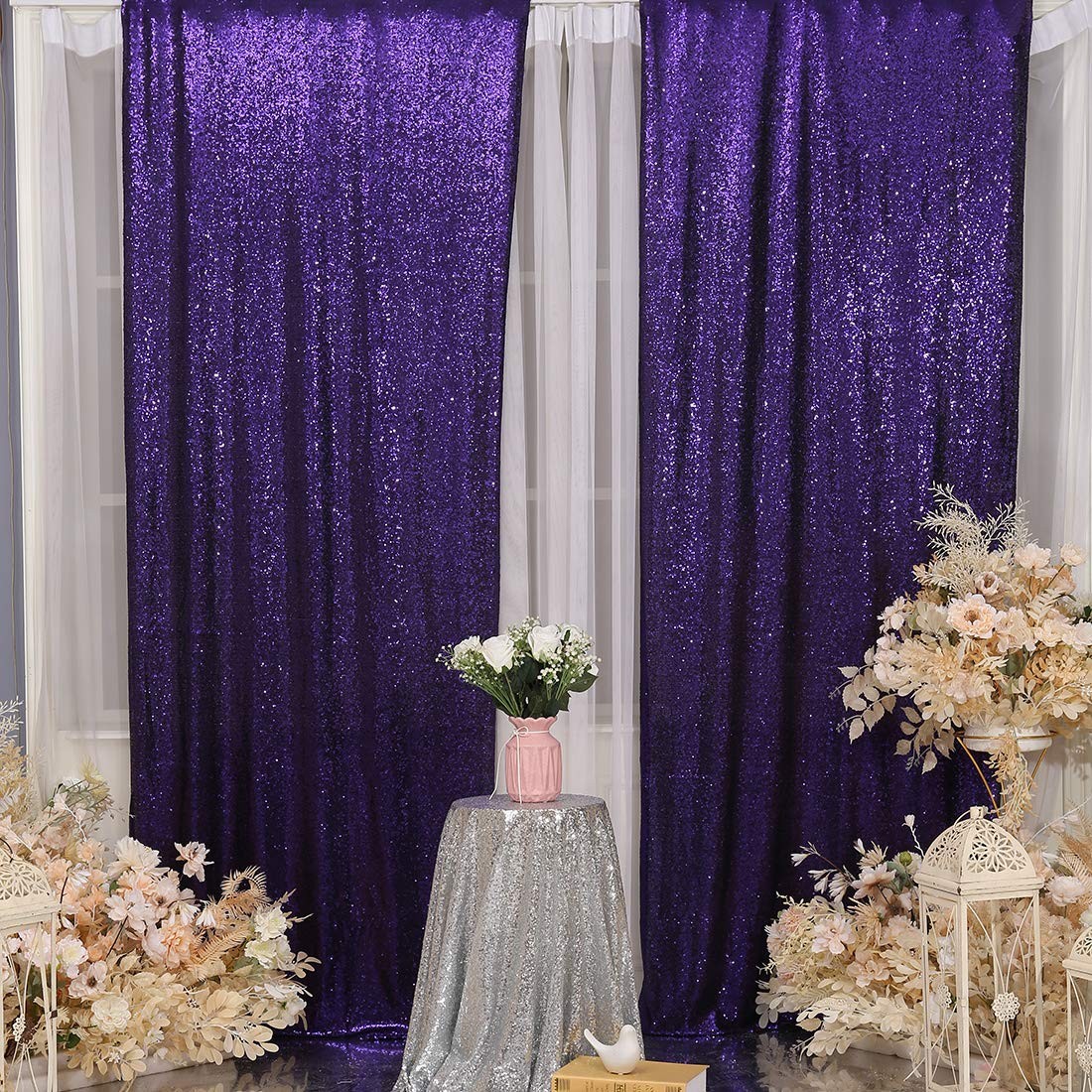 Poise3EHome 2Pcs 3Ft x 8Ft Purple Sequin Backdrop Curtain, Glitter Photograph…