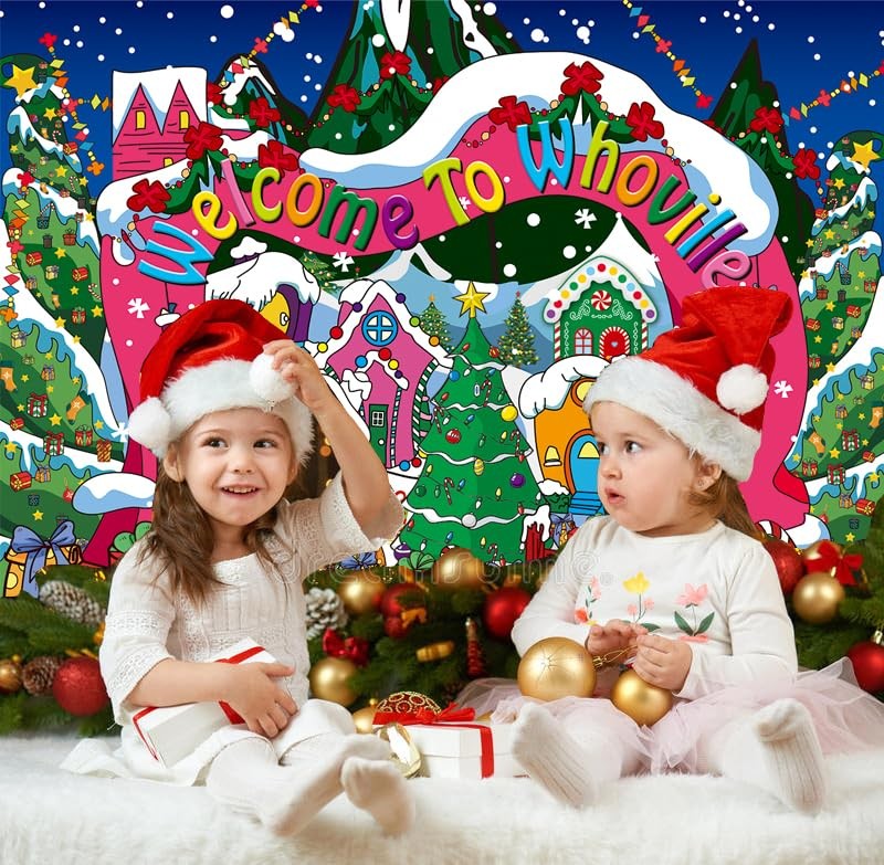 Welcome to Whoville Backdrop 7x5FT Winter Christmas Village 7x5FT, blue