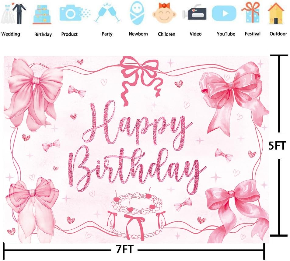 Pink Bow Coquette Happy Birthday Party Theme Photo Backdrop 7x5ft Banner